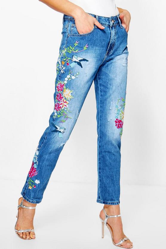 Molly Mid Rise All Over Embroidered Boyfriend Jeans